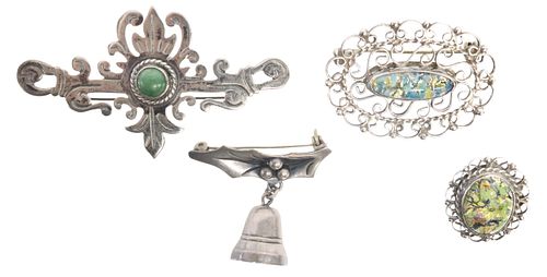 (4) STERLING SILVER BROOCHES, MEXICO, DAMASO GALLEGOS, JOSE ANTON & OTHER