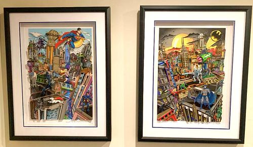 Charles Fazzino- 3D Construction Serigraph "Batman Rules the Night, and Superman Saves the Day (Set of 2)"