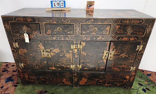 Chinese Lacquer 4 Drawer Over 2 Door Cabinet