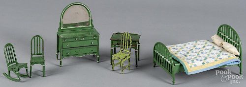 Six pieces of Arcade cast iron dollhouse bedroom furniture, tallest - 6 1/2''.