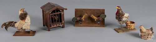 Group of chicken related toys, to include to fabric and feather chickens that lay eggs, a chicken in
