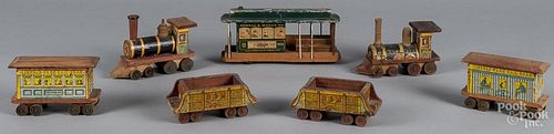 Two paper litho over three-piece wood train sets, together with a paper litho over wood San Francis