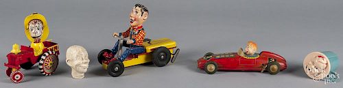 Collection of vintage Howdy Doody toys, to include a Nylint wind-up go cart, 7'' h., a Marx plastic j