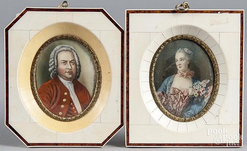 Two watercolor miniature portraits with ivory frames, 5 1/2'' x 4 3/4'' and 5 1/2'' x 4 3/4''.