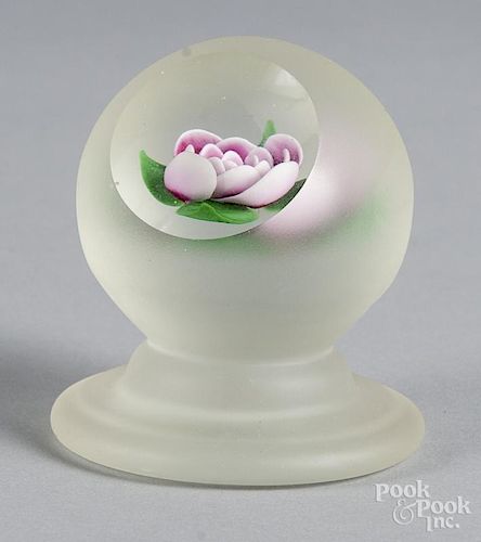 Frosted glass crimp rose footed paperweight, Millville style, with a side facet, 3 1/4'' h., 2 3/4'' d