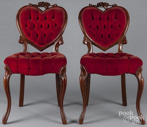 Pair of Victorian style side chairs with heart-shaped backs.