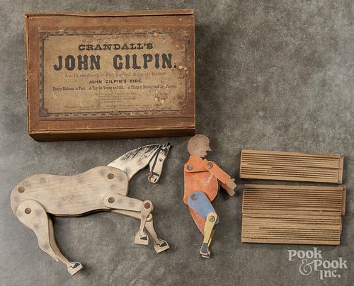 Crandall's John Gilpin wooden figure and horse, with original slide lid box, including the paper i