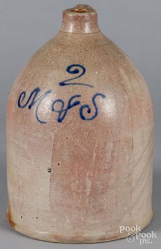 New York stoneware jug, 19th c., impressed Lyons, N.Y., with cobalt inscription 2 M+S, 13 1/2'' h