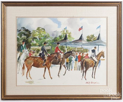 Cecile Johnson (American 1916-2010), watercolor steeplechase, signed lower right, 18'' x 24''.