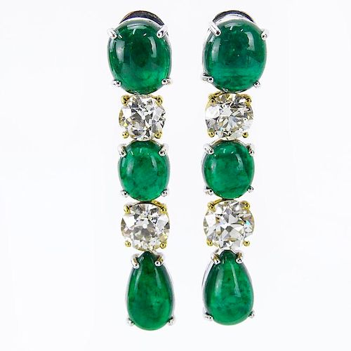 13.72 Carat TW Cabochon Colombian Emerald, 4.96 Carat TW Old European Cut Diamond, Platinum and 18 Karat Yellow Gold Pendant 