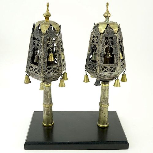 Pair of Late 18th or 19th Century Judaica Silver and Brass Torah Finials on Wooden Mounts