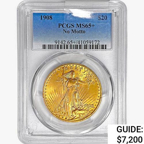 1908 $20 Gold Double Eagle PCGS MS65+ No Motto
