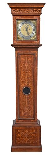 J.E. Caldwell & Co. Marquetry Inlaid Oak and Mahogany Tall Case Clock