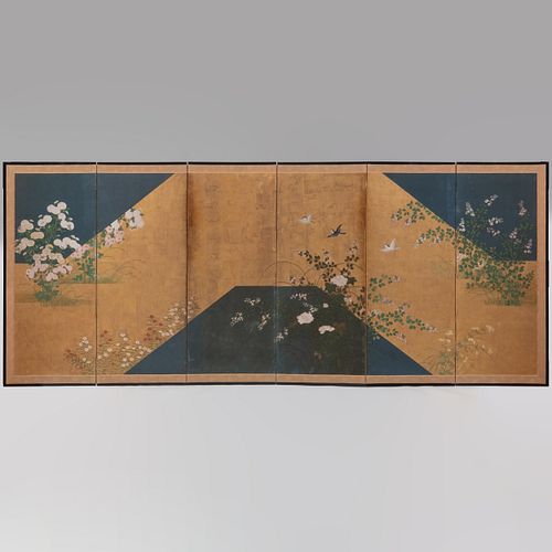 Rimpa School: Two Japanese Six Panel Screens 'Flowers and Birds Against a Gold Leaf Bridge'