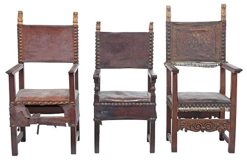 Three Italian Renaissance Style Walnut and Parcel Gilt Armchairs 
