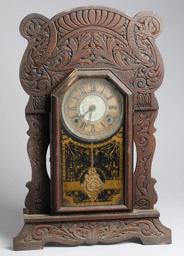 Eastlake Oak Carved & Stenciled Mantel Clock