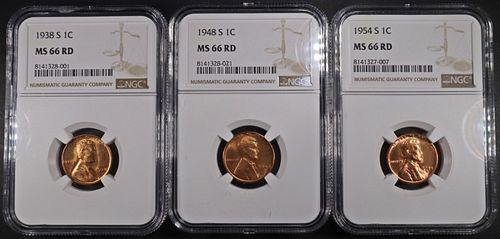 1938-S, 1948-S, 1954-S LINCOLN CENTS NGC MS66 RD