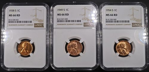 1938-S, 1949-S, 1954-S LINCOLN CENTS NGC MS66 RD