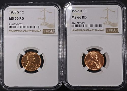 1938-S & 1952-D LINCOLN CENTS NGC MS66 RD