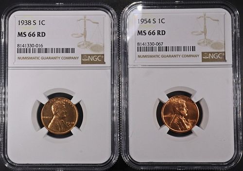 1938-S & 1954-S LINCOLN CENTS NGC MS66 RD