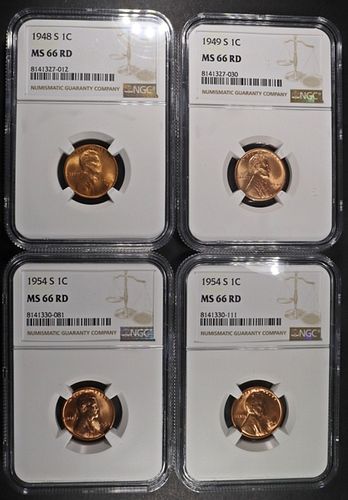 1948-S,1949-S,(2) 1954-S LINCOLN CENTS NGC MS66 RD