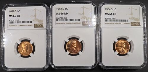 1948-S, 1952-D, 1954-S LINCOLN CENTS NGC MS66 RD