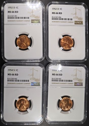 (2) 1952-D & (2) 1954-S LINCOLN CENTS NGC MS66 RD