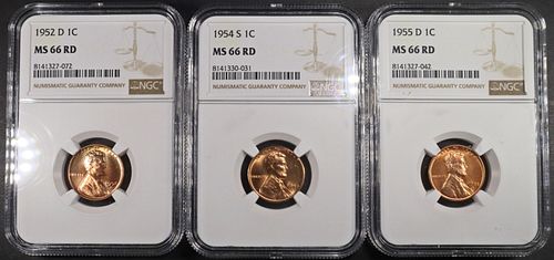 1952-D, 1954-S, 1955-D LINCOLN CENTS NGC MS66 RD
