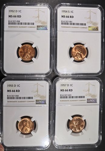 1952-D, 54-S, 55-D, 57-D LINCOLN CENTS NGC MS66 RD