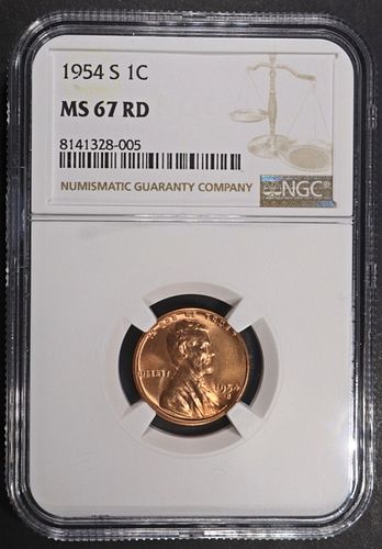 1954-S LINCOLN CENT NGC MS67 RD