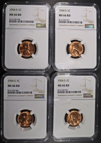 (4) 1954-S LINCOLN CENTS NGC MS66 RD