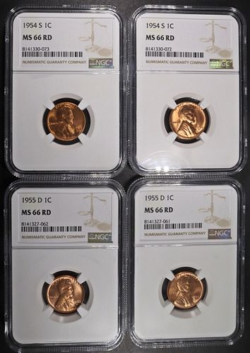 (2) 1954-S & (2) 1955-D LINCOLN CENTS NGC MS66 RD