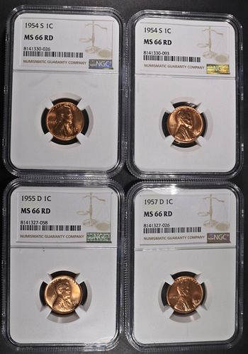 (2) 1954-S,1955-D,1957-D LINCOLN CENTS NGC MS66 RD