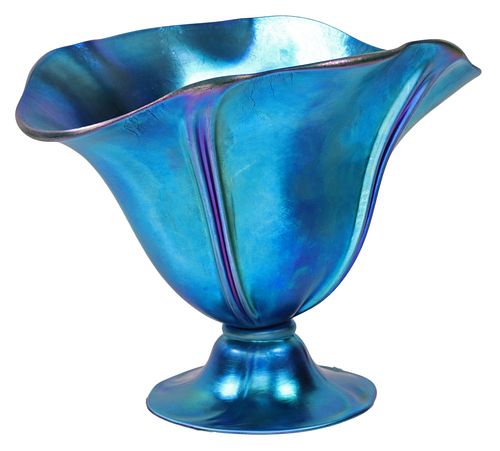 CARDER ERA STEUBEN ART GLASS BLUE AURENE TWO LINE PILLAR BOWL #7307