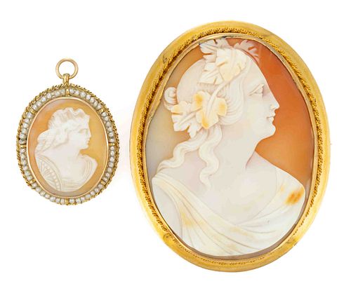 ANTIQUE 10K AND 14K-18K YELLOW GOLD AND CARVED SHELL CAMEO BROOCHES, LOT OF TWO
