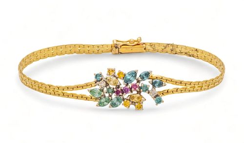 Colored Diamond & 14k Yellow Gold Bracelet, Ca. 1960, W 0.5" L 7.25" 7g