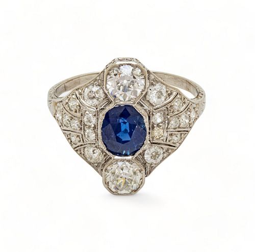 Blue Sapphire And Diamond, Platinum Ring, Size 8, Ca. 1940, 4g