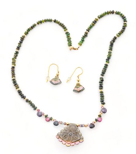 Tourmaline & Emerald Beaded, 14k Gold Necklace & Earrings, L 19" 15g