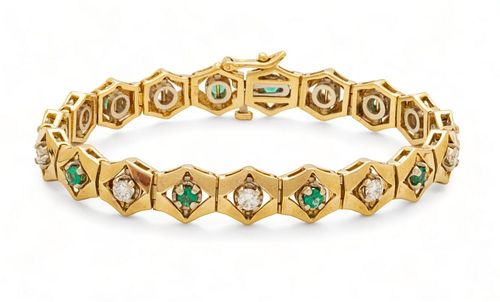 Diamond, Emerald & 14K Yellow Gold Bracelet, Ca. 1870, W 0.375" L 7" 25g