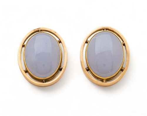 Lavender Jade And 14K Yellow Gold Clip Earrings, H 0.75" W 0.5" 9g 1 Pair