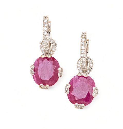 Natural Corundum Burmese Ruby, Diamond & 18k White Gold Drop Earrings, H 1.37" W 0.62" 10g 1 Pair