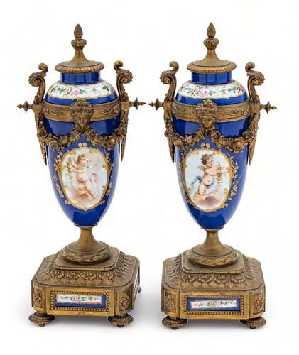 Sevres Louis XVI Style Ormolu Mounted Porcelain Covered Garnitures Ca. 1880-1900, H 14" W 5" Depth 5" 1 Pair