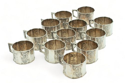 German 900 Silver Teacups, Chased Rose Motifs, Ca. 1900, H 2" W 2.75" L 3.75" 47t oz 12 pcs