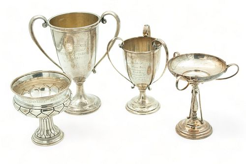 American & English Sterling Silver Loving Cups, Ca. 1930, H 9.5" W 4.5" L 8" 38.91t oz 4 pcs