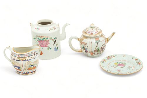 Chinese Export Porcelain Teapots, Creamer & Plate, Ca. 18th C., H 5.75" W 4.5" L 6" 4 pcs