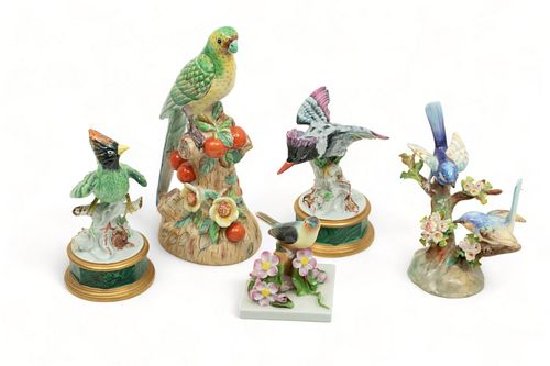 Painted Porcelain Bird Figurines, Feat. Herend & Bonwit Teller, H 9.5" W 3.5" Depth 4" 5 pcs