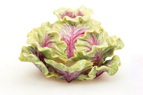 Meissen (German) Painted Porcelain Covered Dish, Cabbage Form, Ca. 1850, H 3.75" Dia. 5.25"