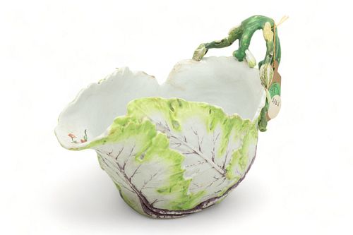English Cabbage Form Painted Porcelain Gravy Boat, Ca. 1800, H 5" W 4.25" L 8.5"