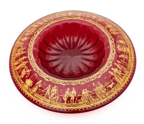 Murano (Venetian) Hand Blown Ruby Glass And Fired Gold Centerpiece Bowl Ca. 1900-1920, H 2.5" Dia. 17"