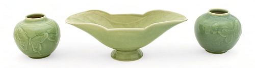 Rookwood Pottery (American) Centerpiece Bowl & Vases,  1954-1955, H 4.5" W 5.25" L 13" 3 pcs